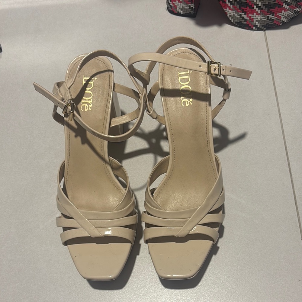 Tan Heels with Strappy Design and Square Toe